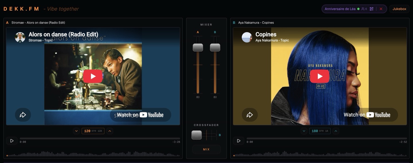 Dekk sur ordinateur avec deux platines, le mixeur et la soirée Anniversaire de Léa avec 6 invités connectés