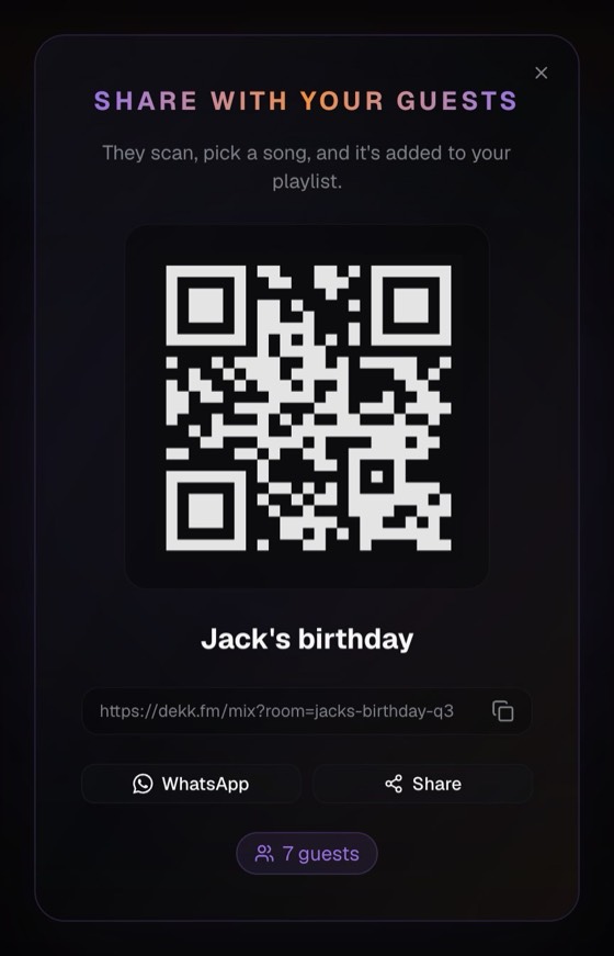 QR code window for Jack's birthday, with 7 guests connected