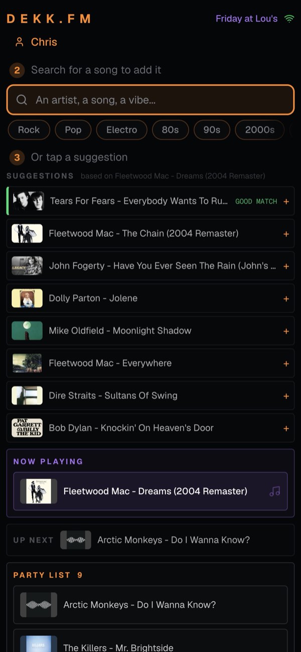 Guest view of Friday at Lou's: search bar, song suggestions based on Dreams by Fleetwood Mac, now playing and up next
