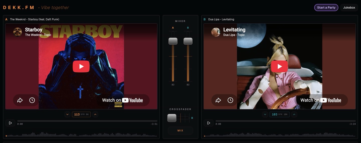 Two decks: Starboy by The Weeknd on deck A and Levitating by Dua Lipa on deck B, with tempo and key under each video