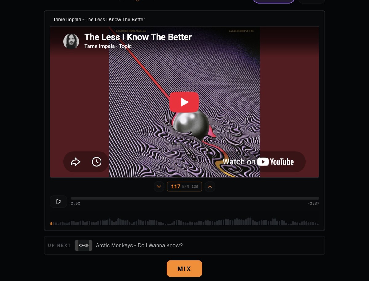 Dekk player playing The Less I Know The Better by Tame Impala, with Arctic Monkeys listed as up next and a MIX button