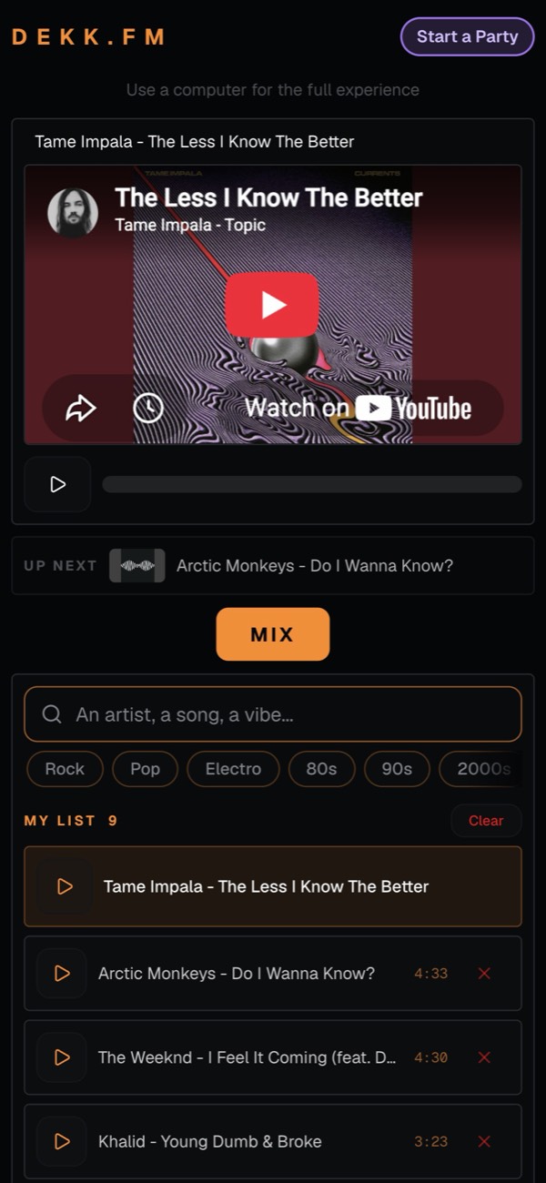Dekk on a phone: the player with Tame Impala playing, Arctic Monkeys up next, a MIX button and the song list below