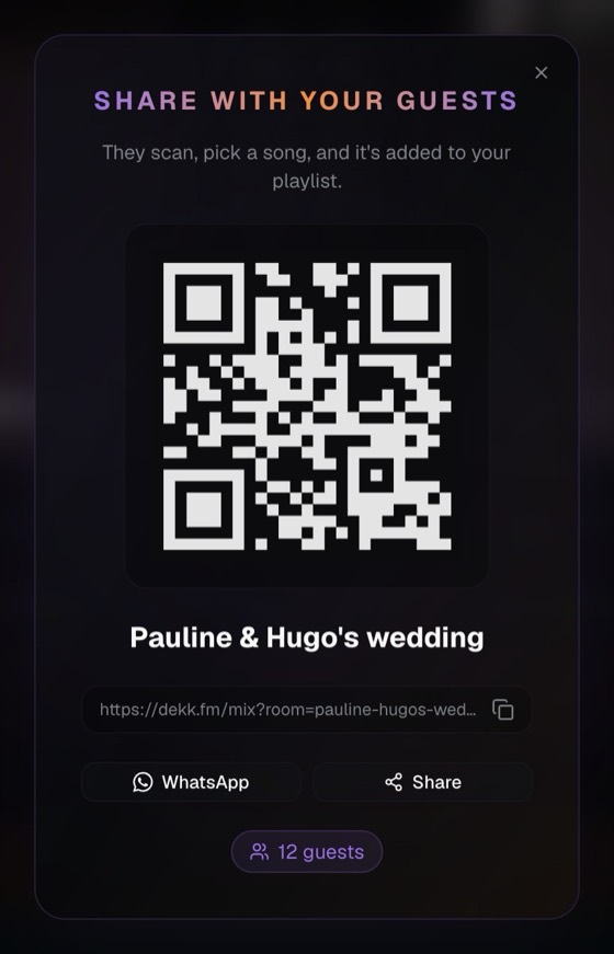 QR code window for Pauline and Hugo's wedding, with 12 guests connected